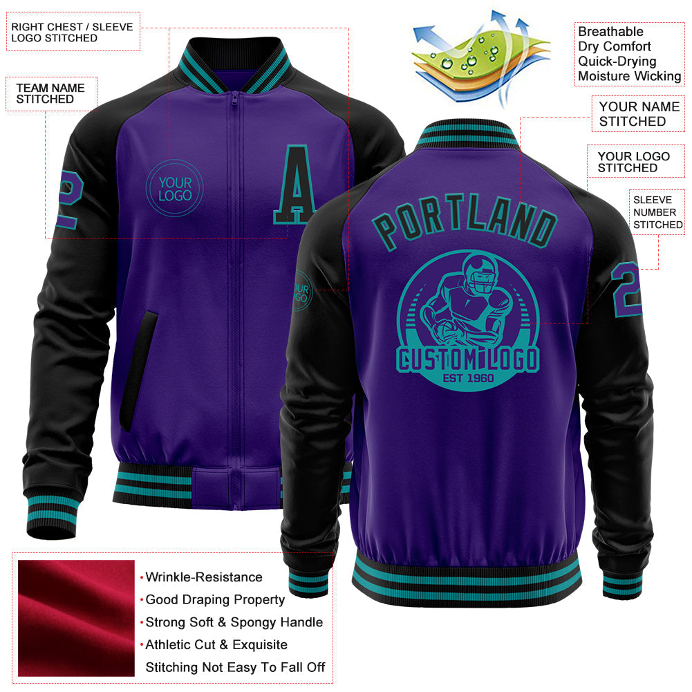 Custom Purple Black-Teal Bomber Varsity Letterman Two Tone Zipper Jacket view 4