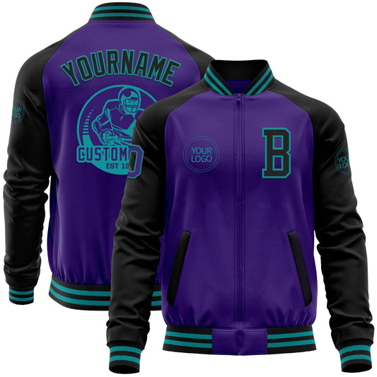 Custom Purple Black-Teal Bomber Varsity Letterman Two Tone Zipper Jacket - Main View