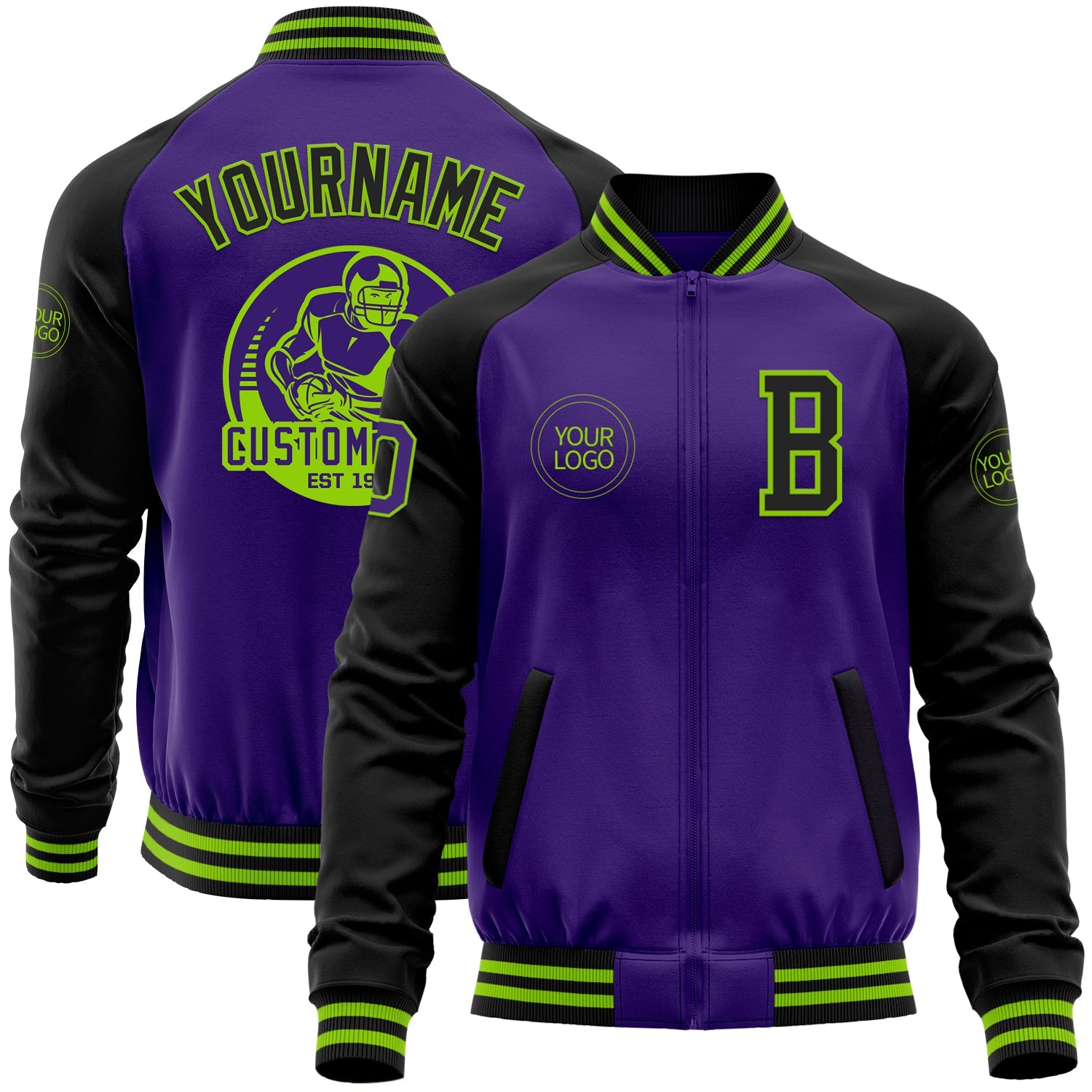 Custom Purple Black-Neon Green Bomber Varsity Letterman Two Tone Zipper Jacket - Main View