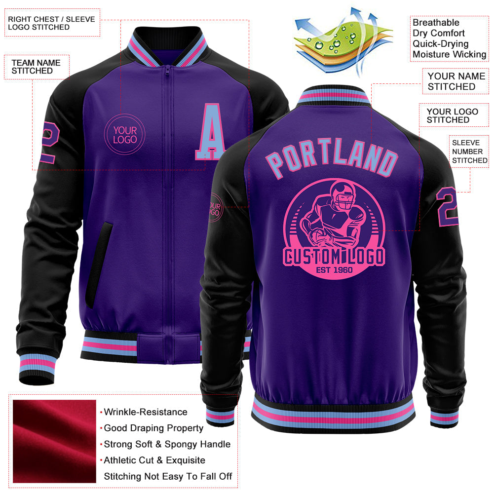 Custom Purple Light Blue Pink-Black Bomber Varsity Letterman Two Tone Zipper Jacket view 4