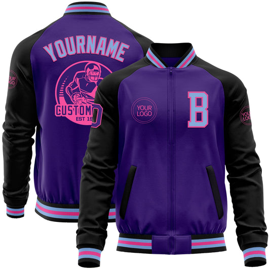 Custom Purple Light Blue Pink-Black Bomber Varsity Letterman Two Tone Zipper Jacket - Main View