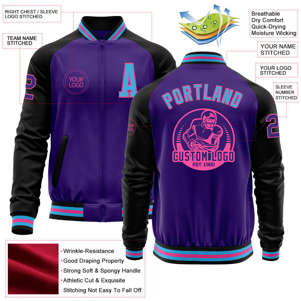 Custom Purple Sky Blue Pink-Black Bomber Varsity Letterman Two Tone Zipper Jacket view 4