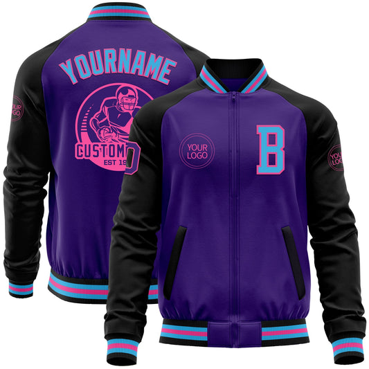 Custom Purple Sky Blue Pink-Black Bomber Varsity Letterman Two Tone Zipper Jacket - Main View