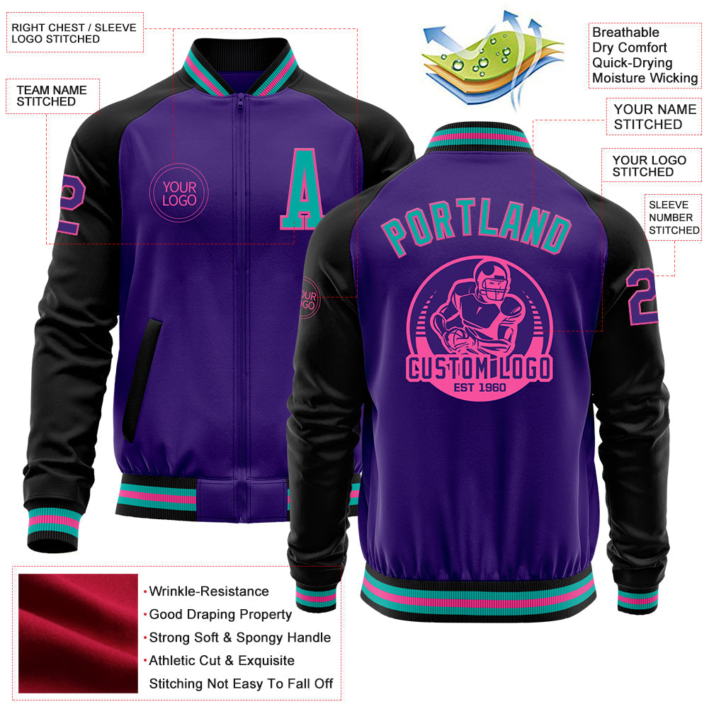 Custom Purple Aqua Pink-Black Bomber Varsity Letterman Two Tone Zipper Jacket view 4