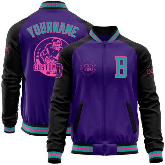 Custom Purple Aqua Pink-Black Bomber Varsity Letterman Two Tone Zipper Jacket - Main View