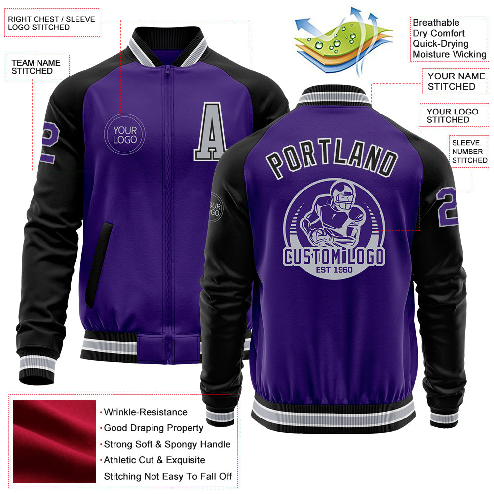 Custom Purple Black-Gray Bomber Varsity Letterman Two Tone Zipper Jacket view 4