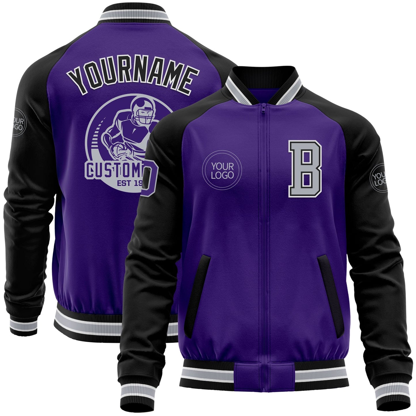 Custom Purple Black-Gray Bomber Varsity Letterman Two Tone Zipper Jacket - Main View