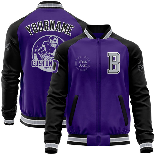 Custom Purple Black-Gray Bomber Varsity Letterman Two Tone Zipper Jacket - Main View