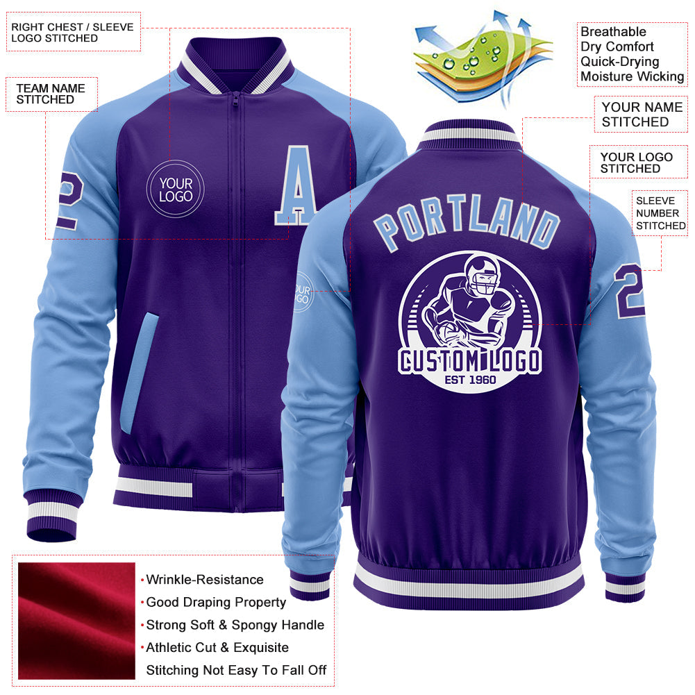Custom Purple Light Blue-White Bomber Varsity Letterman Two Tone Zipper Jacket view 4