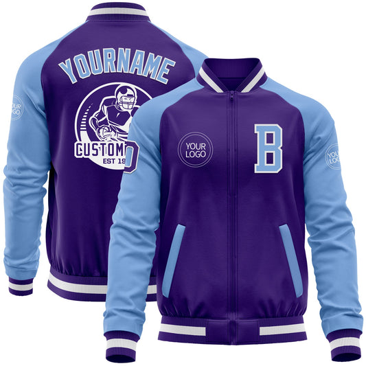 Custom Purple Light Blue-White Bomber Varsity Letterman Two Tone Zipper Jacket - Main View