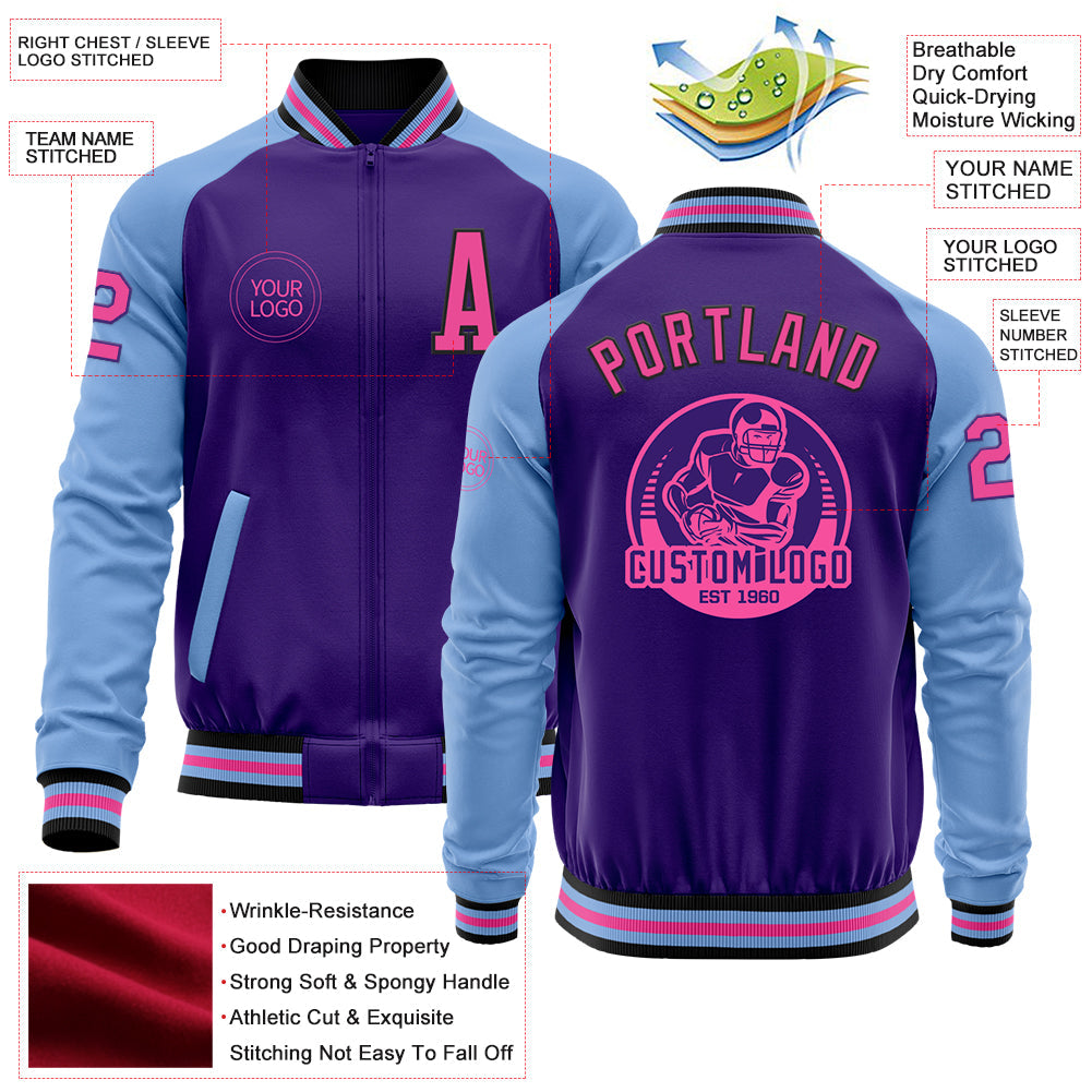 Custom Purple Pink Black-Light Blue Bomber Varsity Letterman Two Tone Zipper Jacket view 4