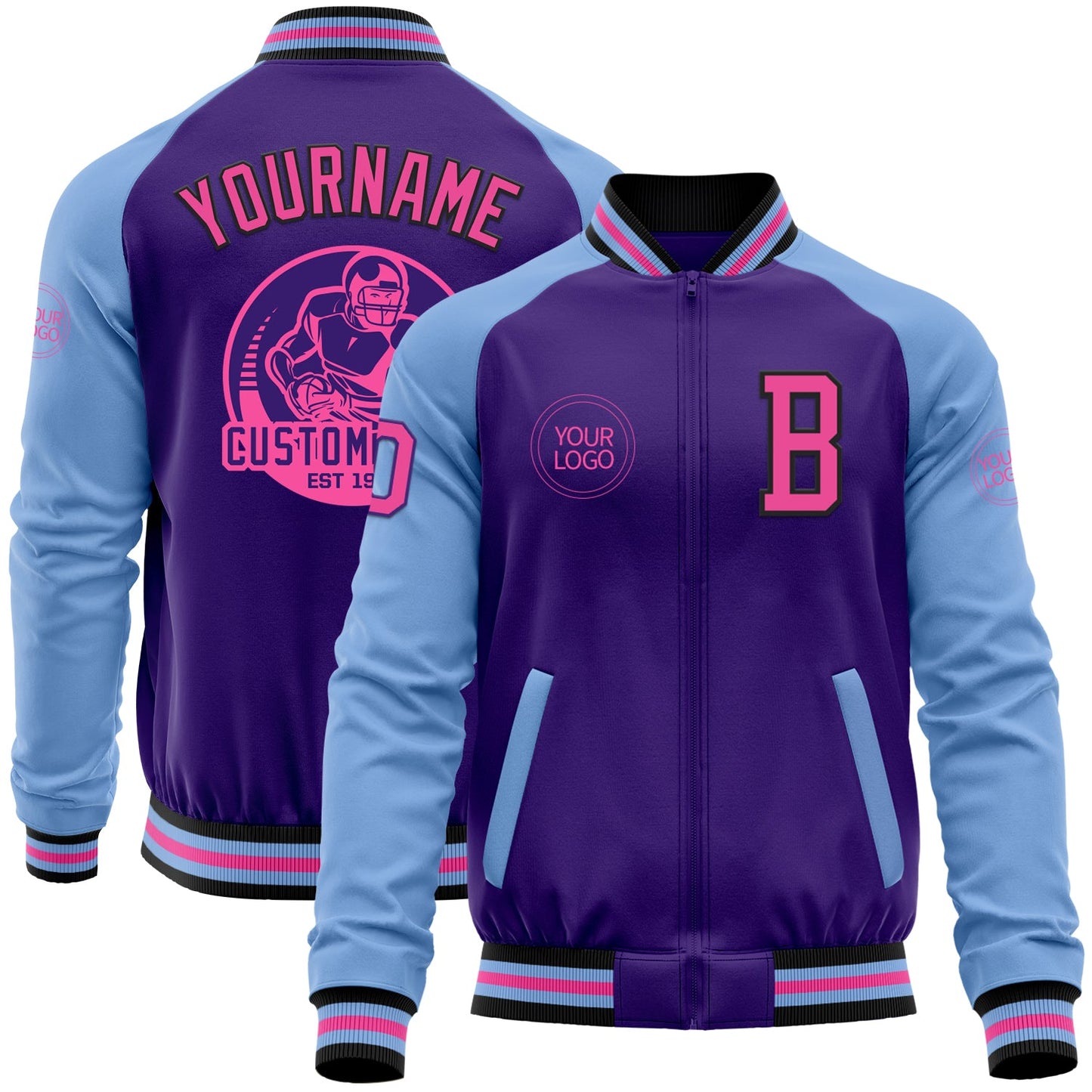 Custom Purple Pink Black-Light Blue Bomber Varsity Letterman Two Tone Zipper Jacket - Main View