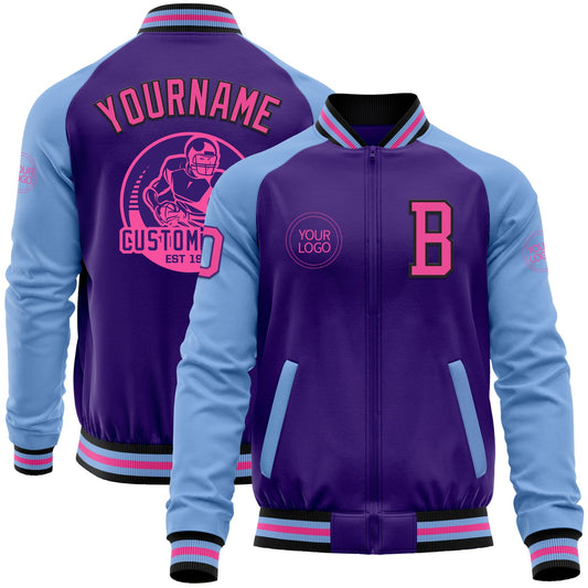 Custom Purple Pink Black-Light Blue Bomber Varsity Letterman Two Tone Zipper Jacket - Main View