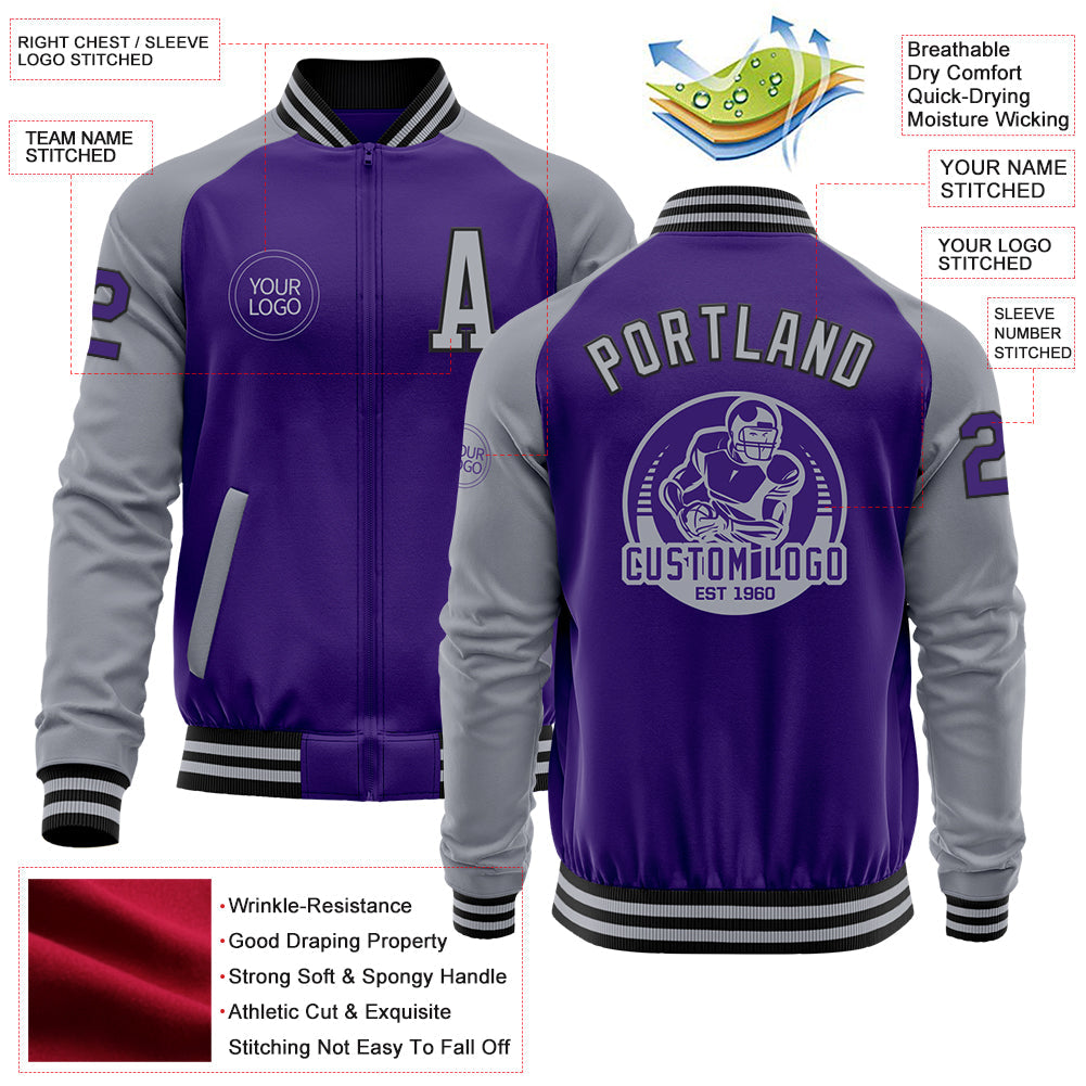 Custom Purple Gray-Black Bomber Varsity Letterman Two Tone Zipper Jacket view 4