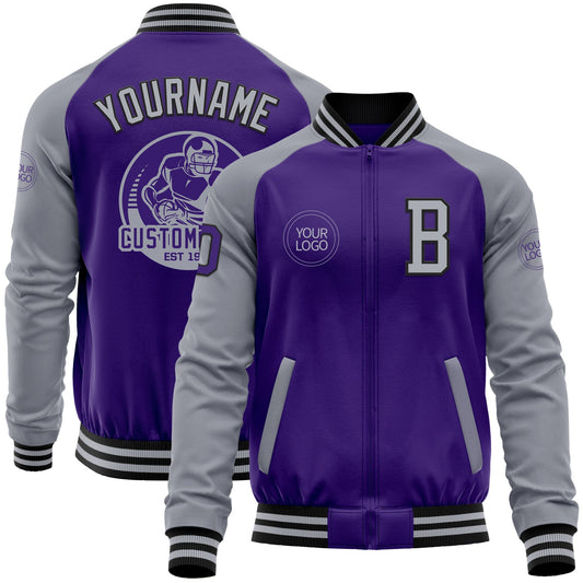 Custom Purple Gray-Black Bomber Varsity Letterman Two Tone Zipper Jacket - Main View
