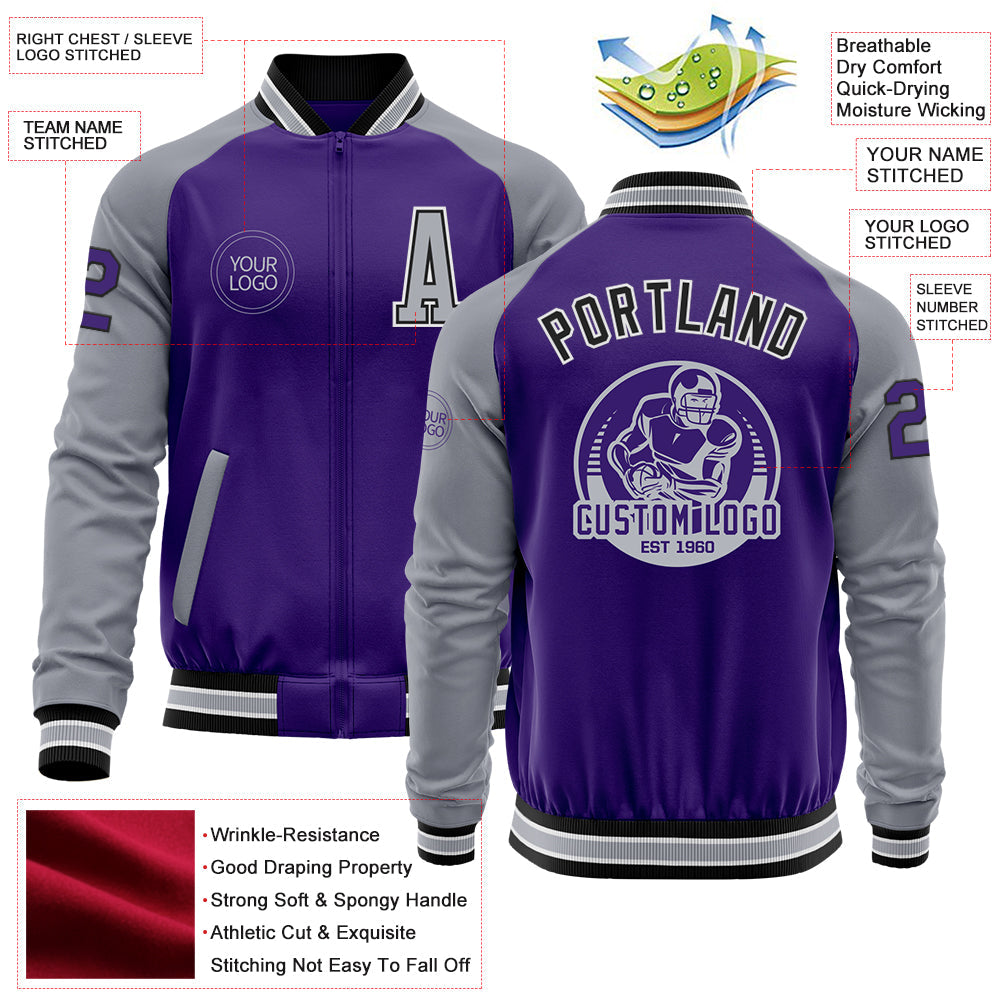 Custom Purple Gray-Black Bomber Varsity Letterman Two Tone Zipper Jacket view 4