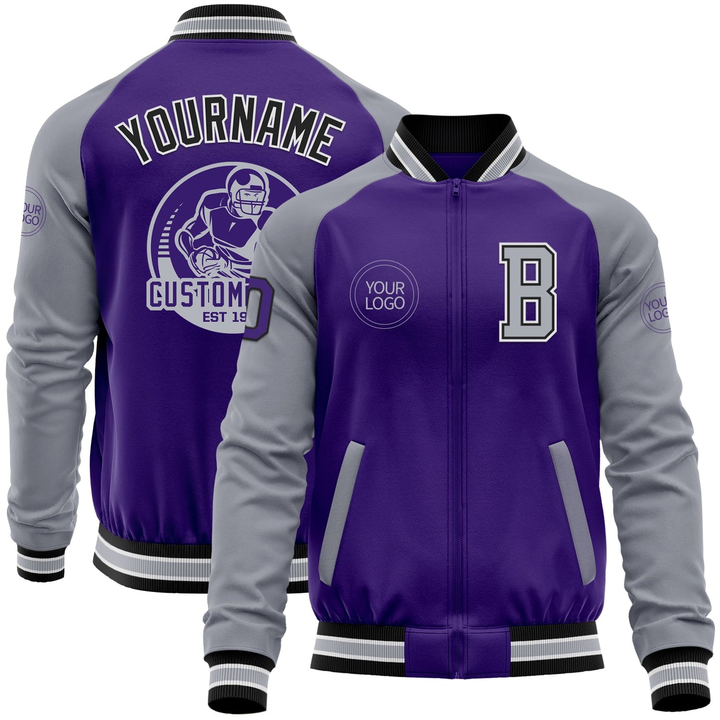 Custom Purple Gray-Black Bomber Varsity Letterman Two Tone Zipper Jacket - Main View