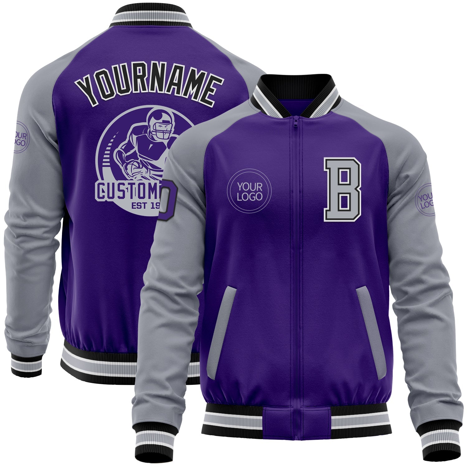 Custom Purple Gray-Black Bomber Varsity Letterman Two Tone Zipper Jacket - Main View