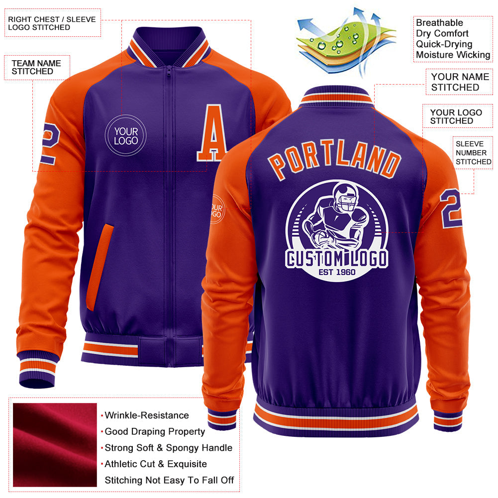 Custom Purple Orange-White Bomber Varsity Letterman Two Tone Zipper Jacket view 4