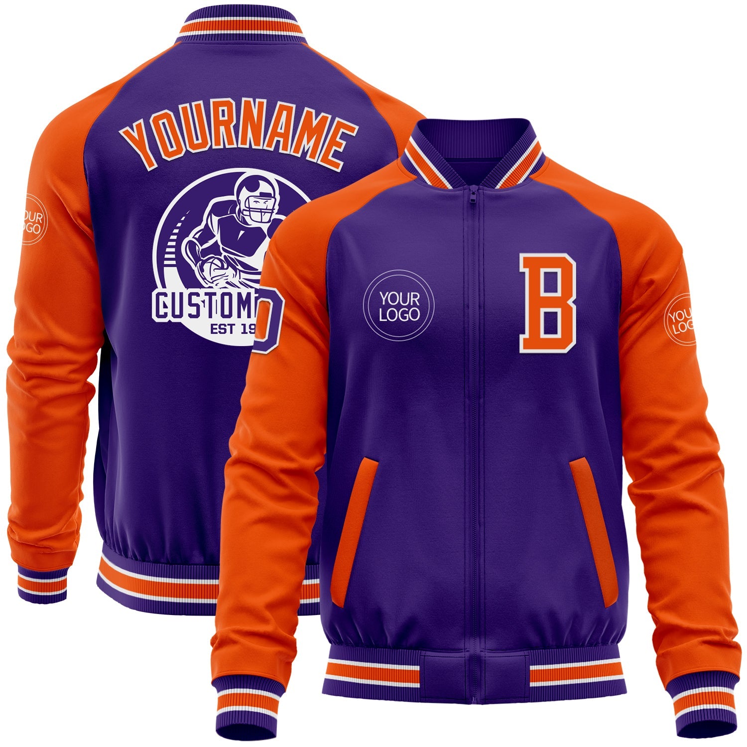 Custom Purple Orange-White Bomber Varsity Letterman Two Tone Zipper Jacket - Main View