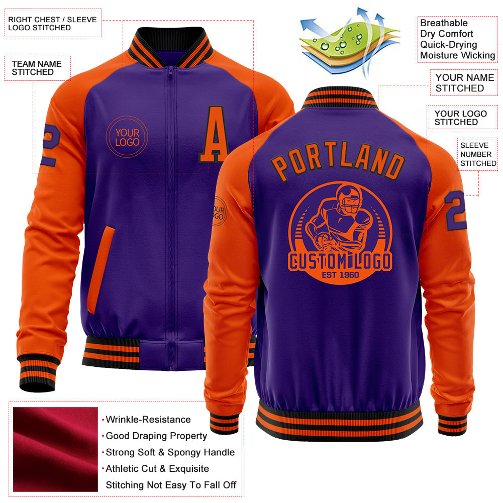 Custom Purple Orange-Black Bomber Varsity Letterman Two Tone Zipper Jacket view 4