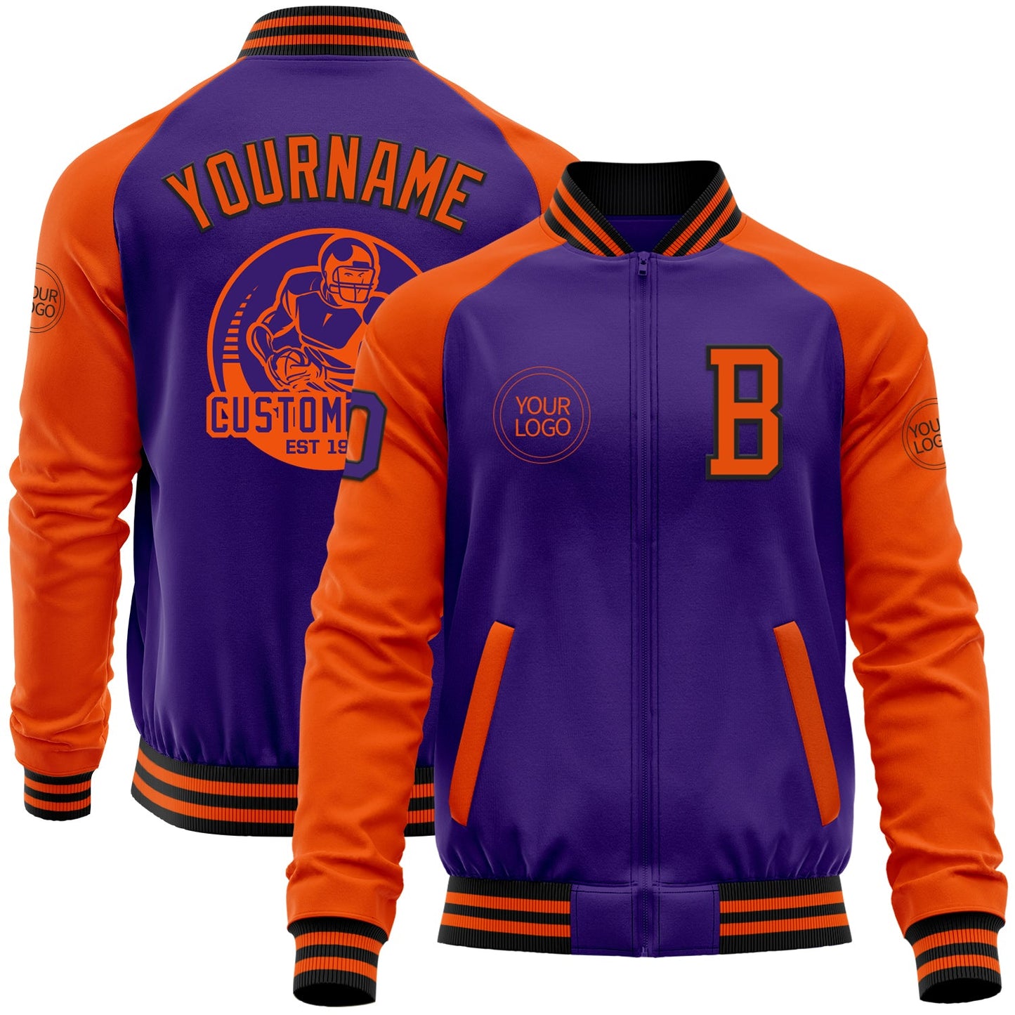 Custom Purple Orange-Black Bomber Varsity Letterman Two Tone Zipper Jacket - Main View