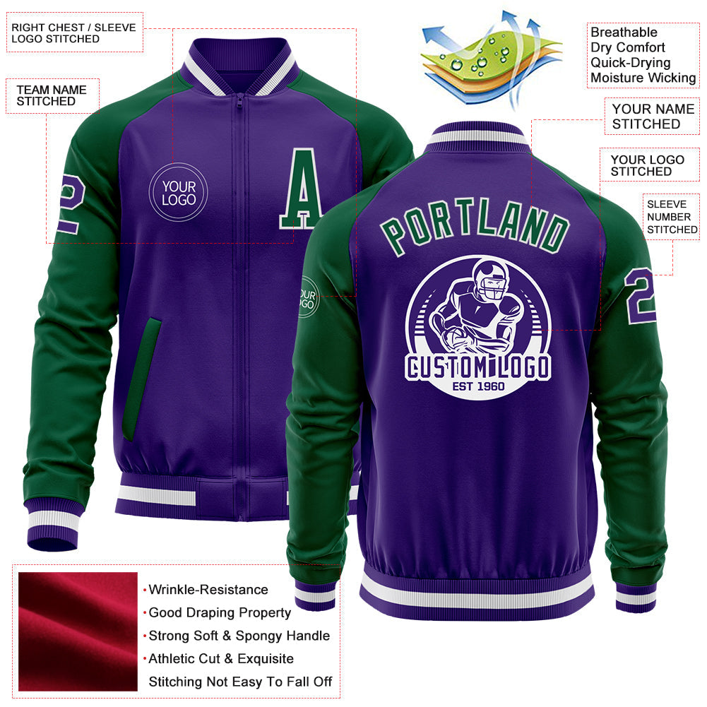 Custom Purple Kelly Green-White Bomber Varsity Letterman Two Tone Zipper Jacket view 4