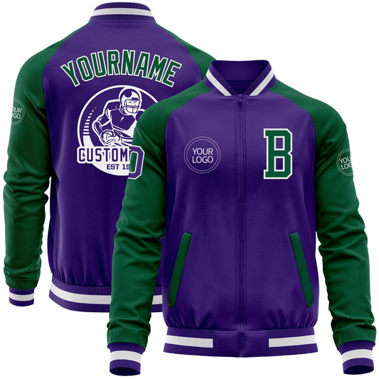 Custom Purple Kelly Green-White Bomber Varsity Letterman Two Tone Zipper Jacket - Main View