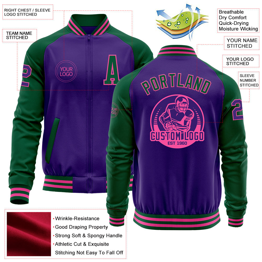 Custom Purple Kelly Green-Pink Bomber Varsity Letterman Two Tone Zipper Jacket view 4