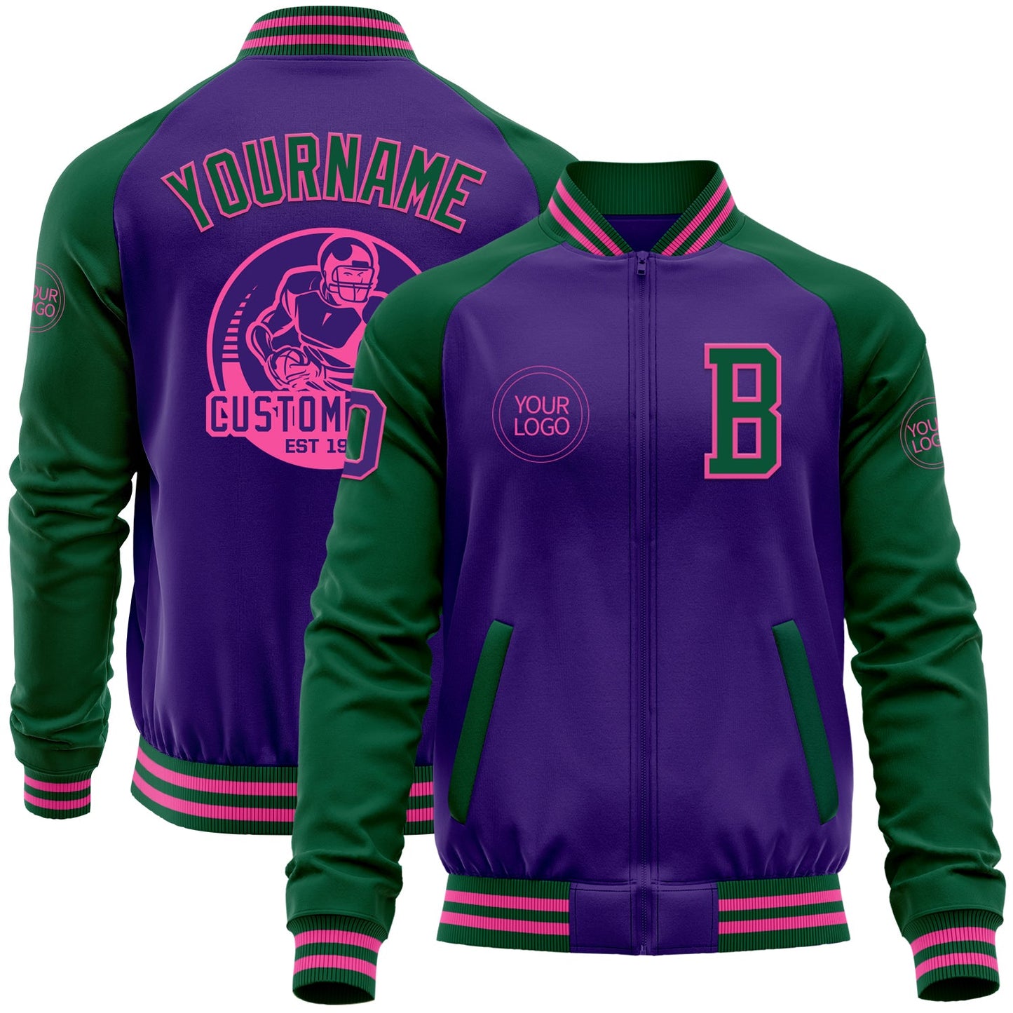 Custom Purple Kelly Green-Pink Bomber Varsity Letterman Two Tone Zipper Jacket - Main View