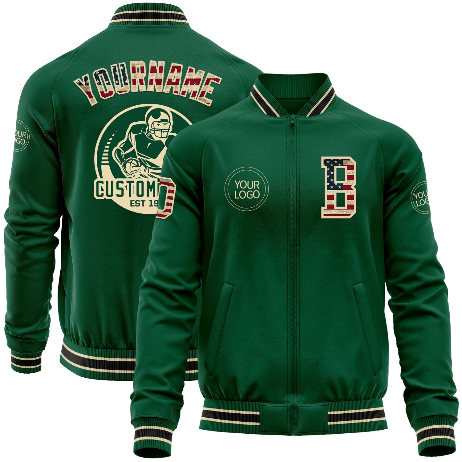 Custom Kelly Green Vintage USA Flag Cream-Black Bomber Varsity Letterman Zipper Jacket - Main View