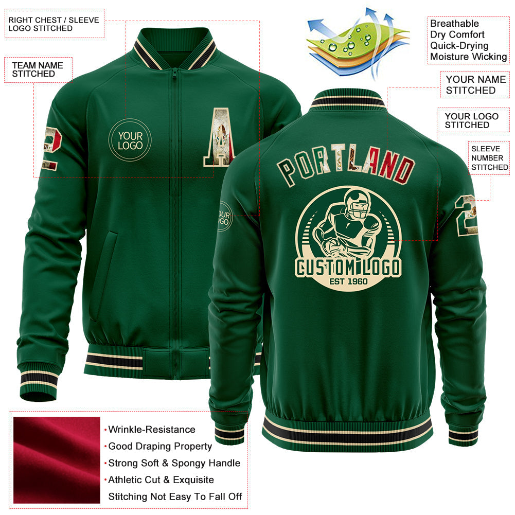 Custom Kelly Green Vintage Mexican Flag Cream-Black Bomber Varsity Letterman Zipper Jacket view 4