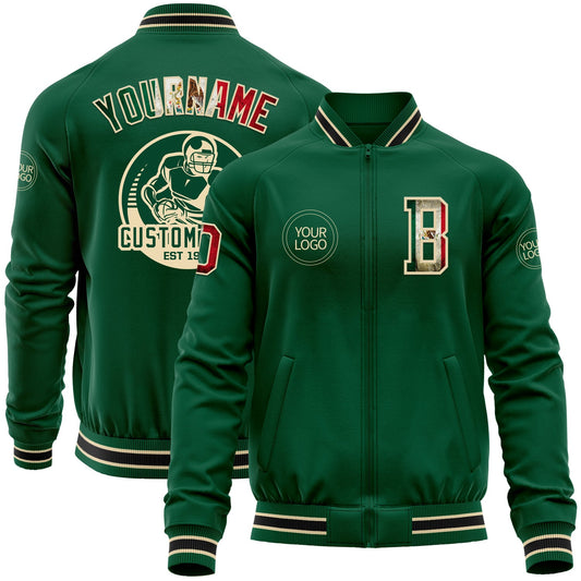 Custom Kelly Green Vintage Mexican Flag Cream-Black Bomber Varsity Letterman Zipper Jacket - Main View