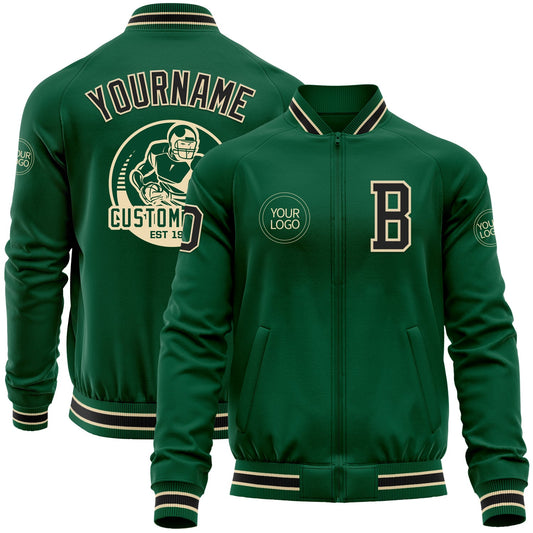 Custom Kelly Green Black-Cream Bomber Varsity Letterman Zipper Jacket - Main View