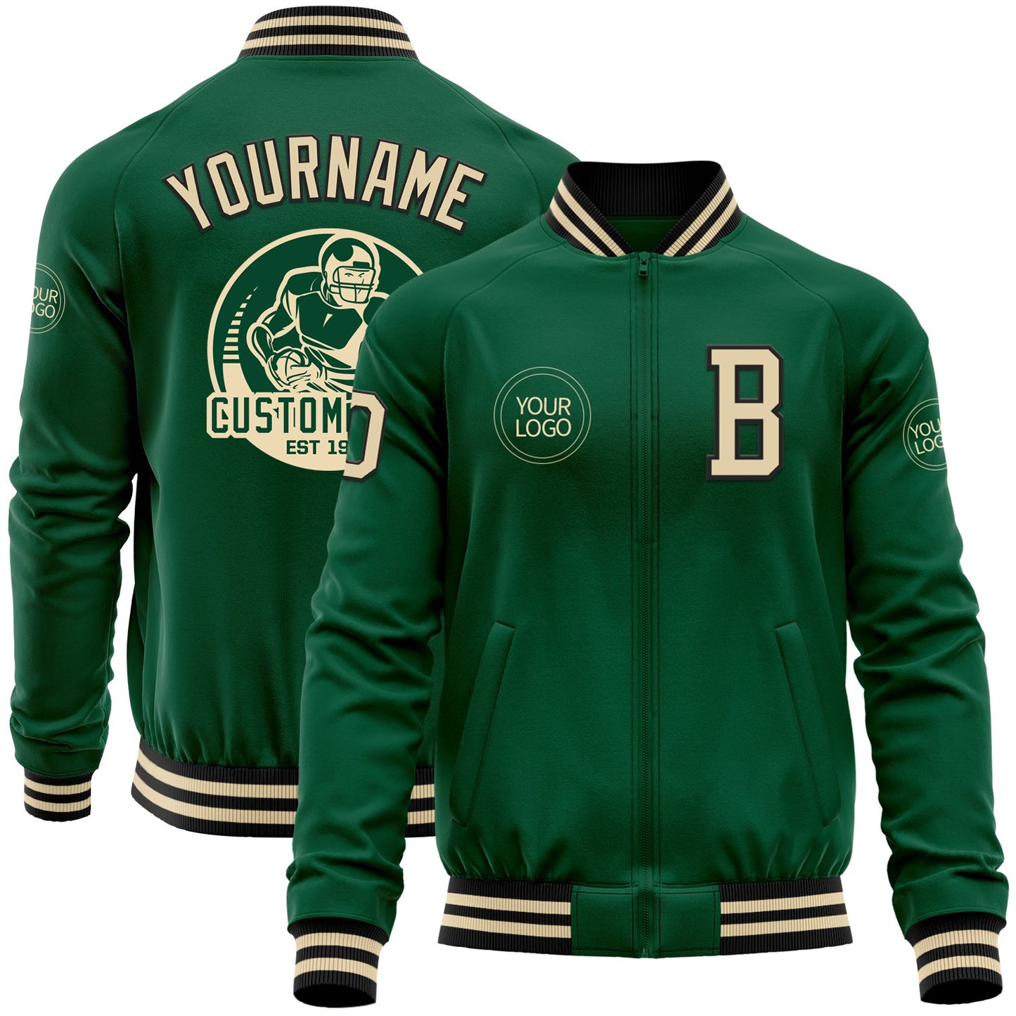Custom Kelly Green Cream-Black Bomber Varsity Letterman Zipper Jacket - Main View