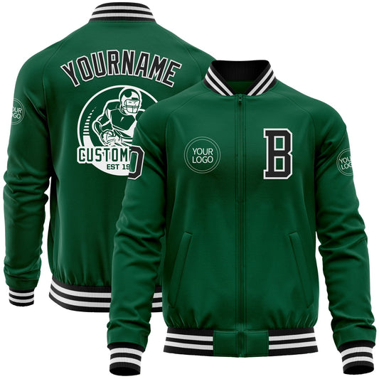 Custom Kelly Green Black-White Bomber Varsity Letterman Zipper Jacket - Main View