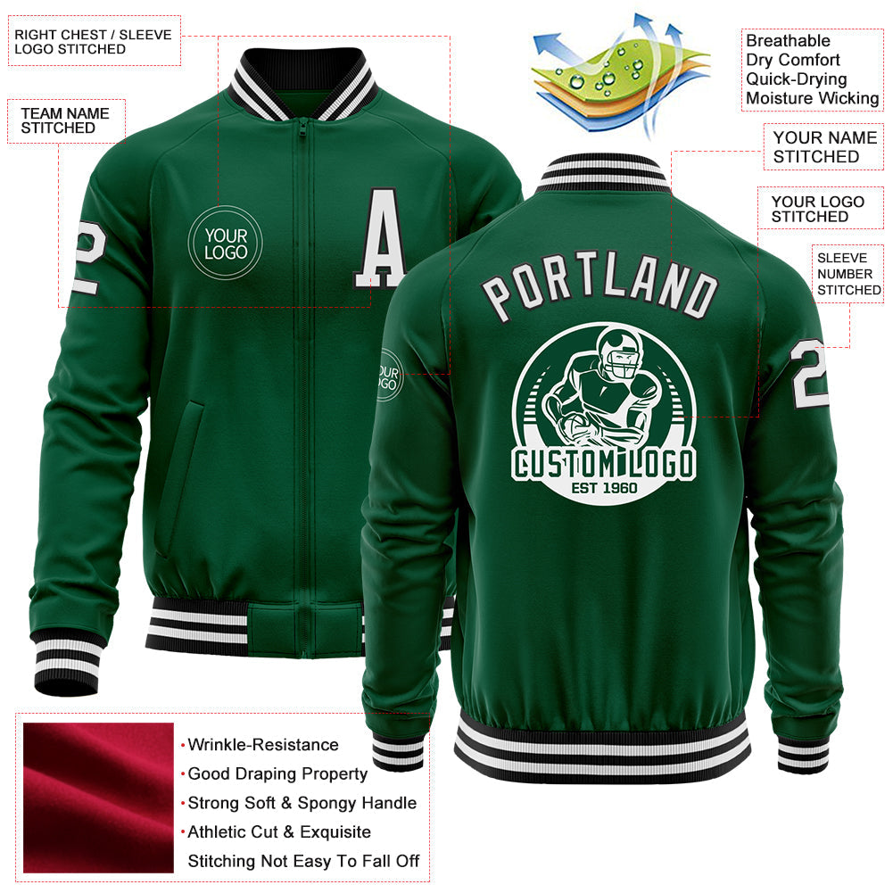 Custom Kelly Green White-Black Bomber Varsity Letterman Zipper Jacket view 4