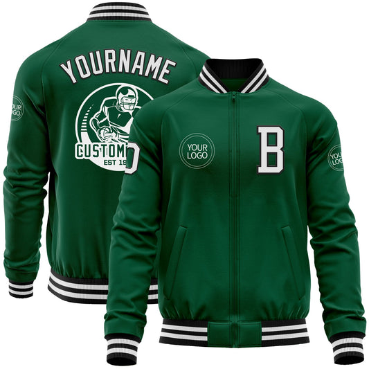 Custom Kelly Green White-Black Bomber Varsity Letterman Zipper Jacket - Main View