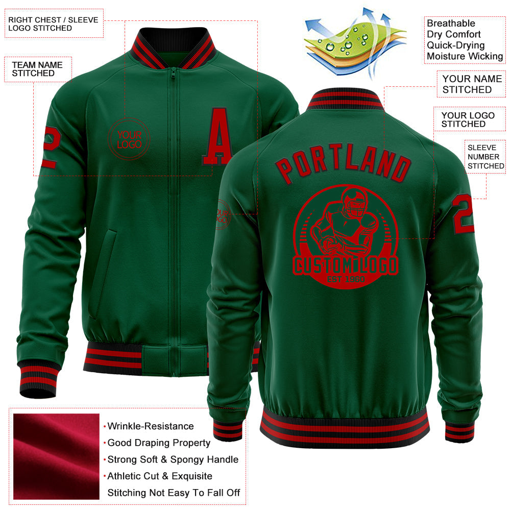 Custom Kelly Green Red-Black Bomber Varsity Letterman Zipper Jacket view 4