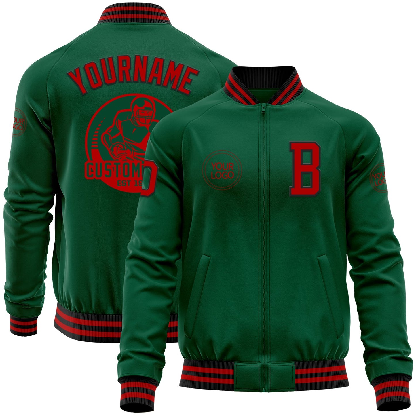 Custom Kelly Green Red-Black Bomber Varsity Letterman Zipper Jacket - Main View