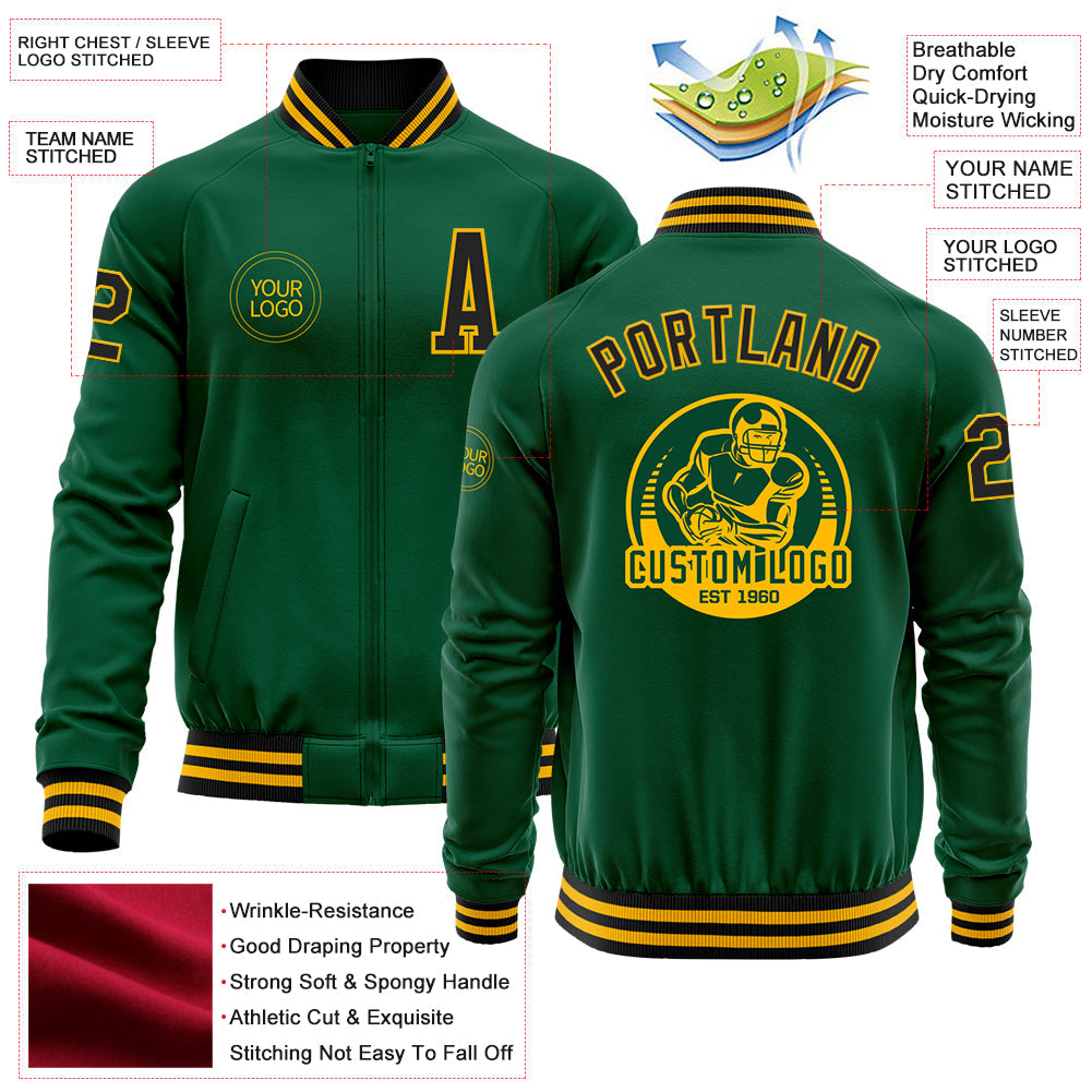 Custom Kelly Green Black-Gold Bomber Varsity Letterman Zipper Jacket view 4