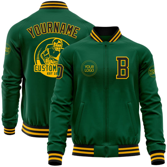Custom Kelly Green Black-Gold Bomber Varsity Letterman Zipper Jacket - Main View