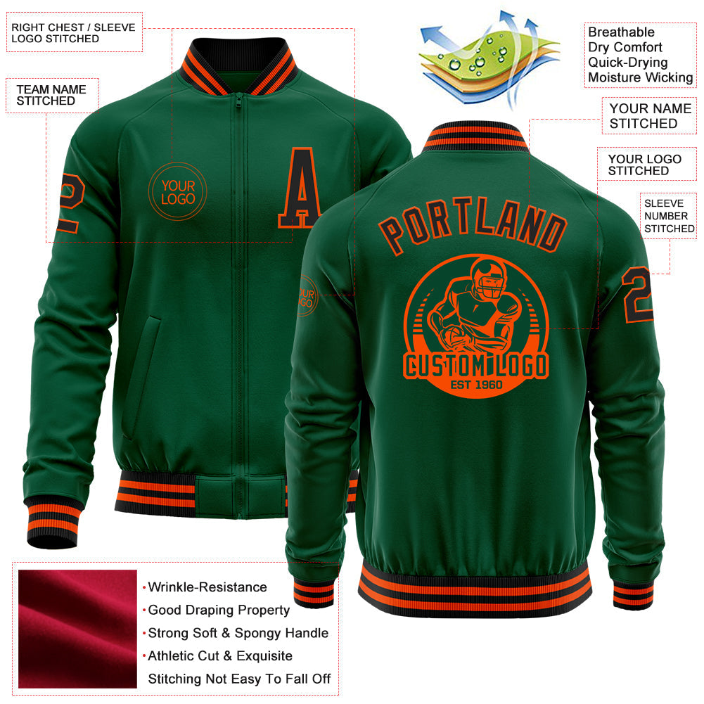 Custom Kelly Green Black-Orange Bomber Varsity Letterman Zipper Jacket view 4