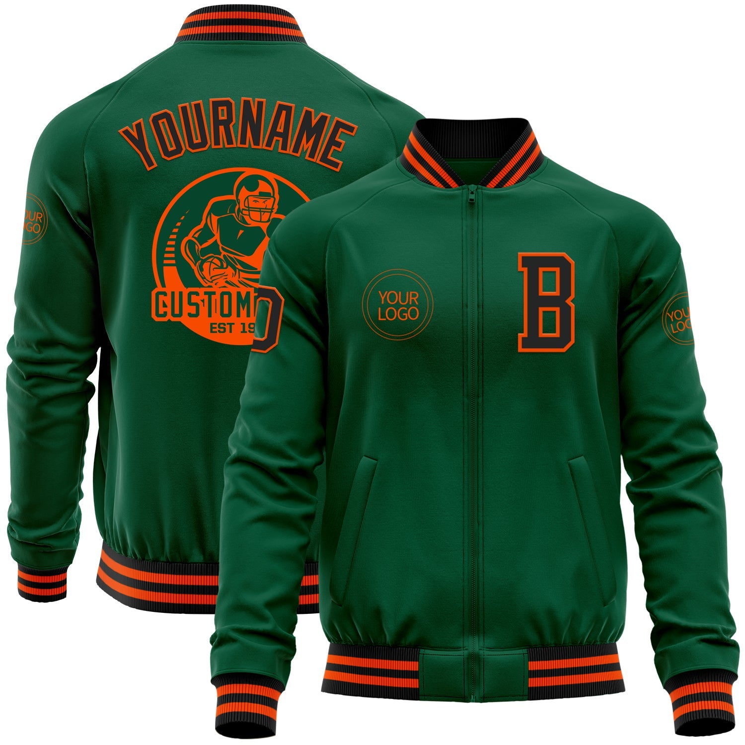 Custom Kelly Green Black-Orange Bomber Varsity Letterman Zipper Jacket - Main View