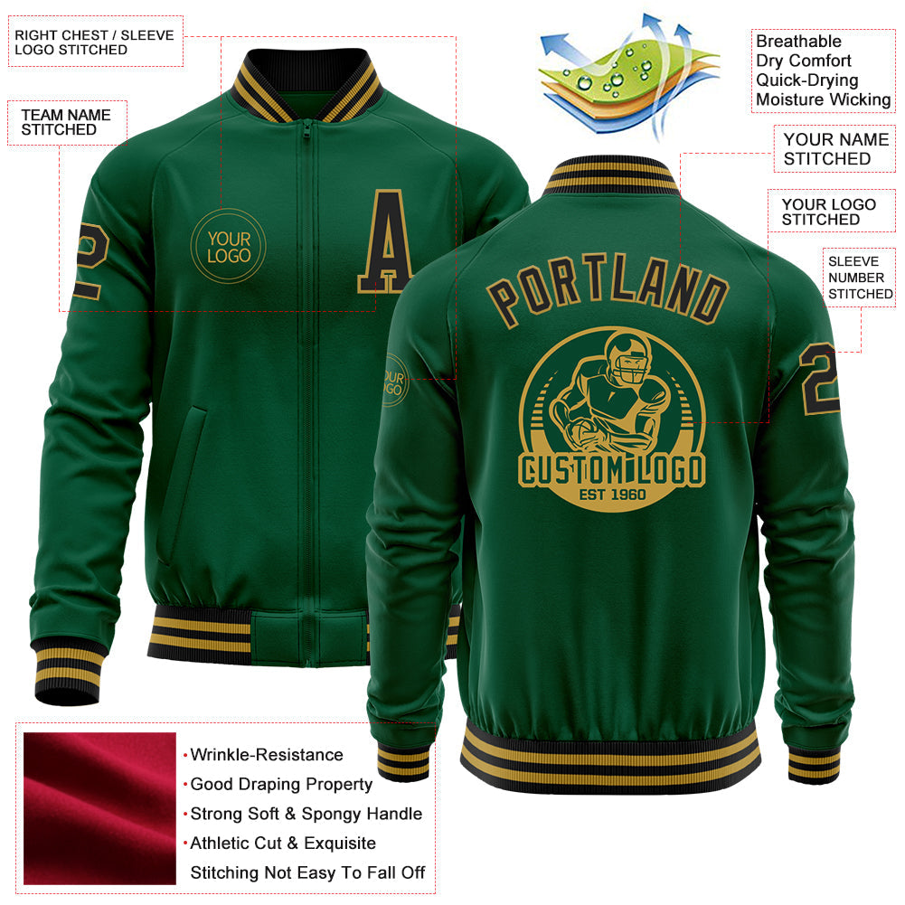 Custom Kelly Green Black-Old Gold Bomber Varsity Letterman Zipper Jacket view 4