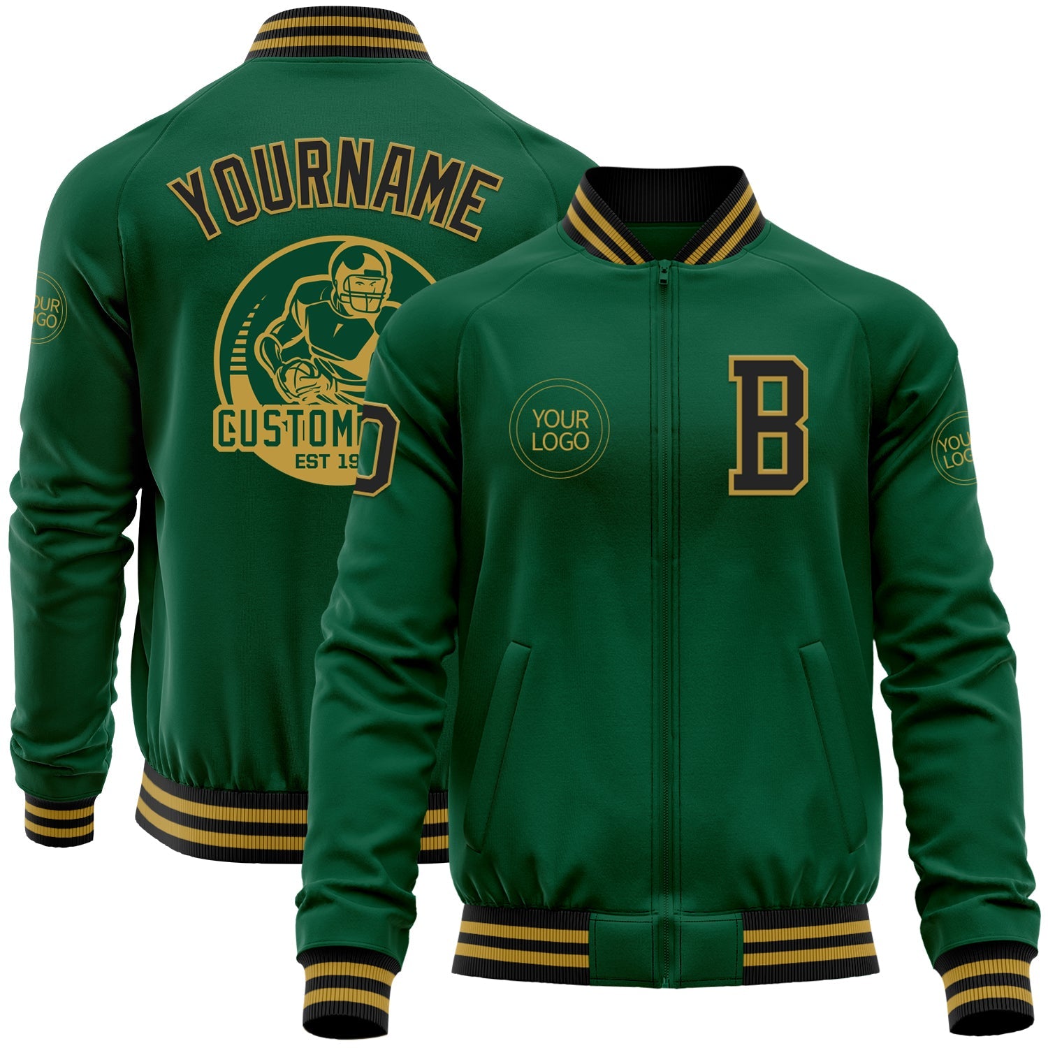 Custom Kelly Green Black-Old Gold Bomber Varsity Letterman Zipper Jacket - Main View