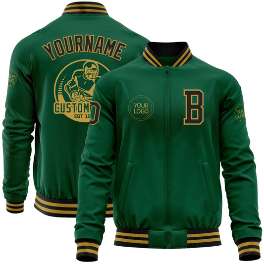 Custom Kelly Green Black-Old Gold Bomber Varsity Letterman Zipper Jacket - Main View