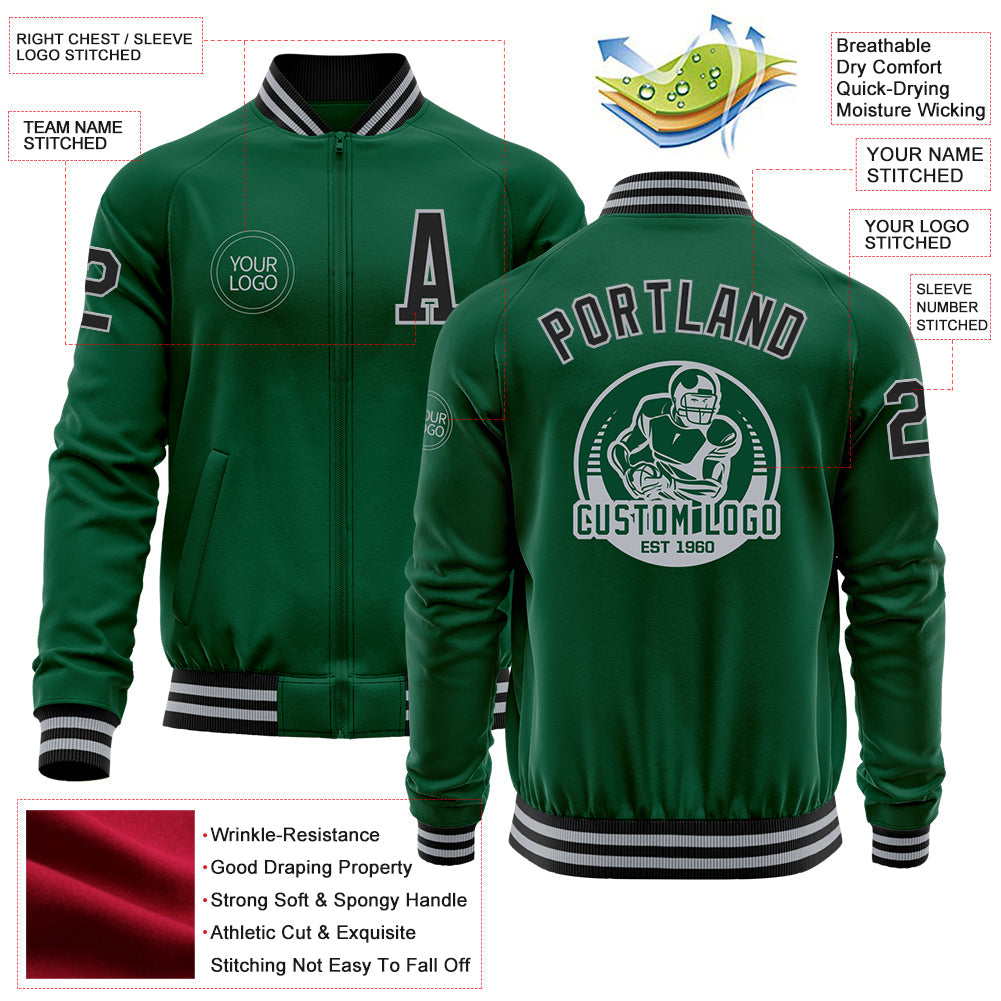 Custom Kelly Green Black-Gray Bomber Varsity Letterman Zipper Jacket view 4