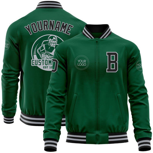 Custom Kelly Green Black-Gray Bomber Varsity Letterman Zipper Jacket - Main View