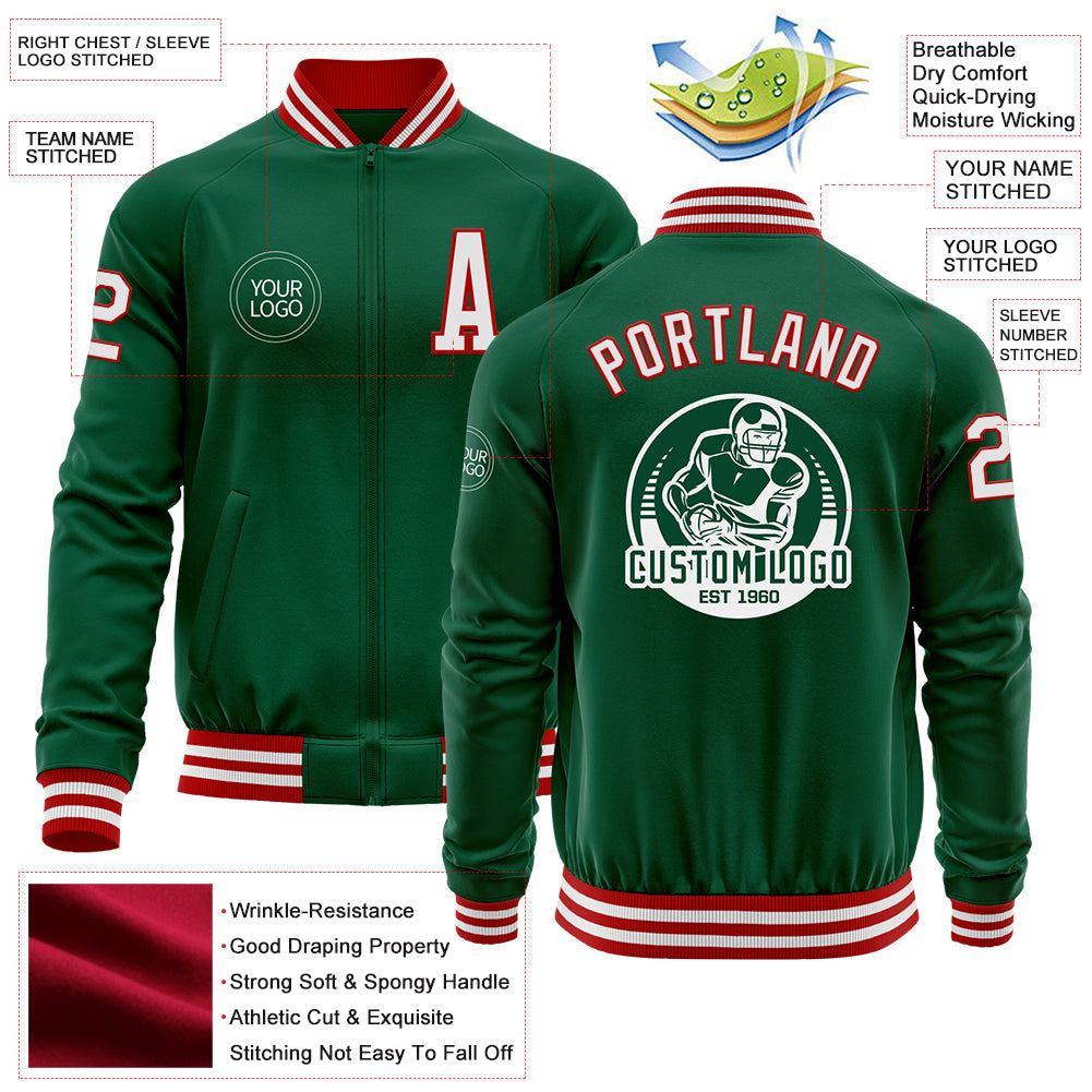 Custom Kelly Green White-Red Bomber Varsity Letterman Zipper Jacket view 4
